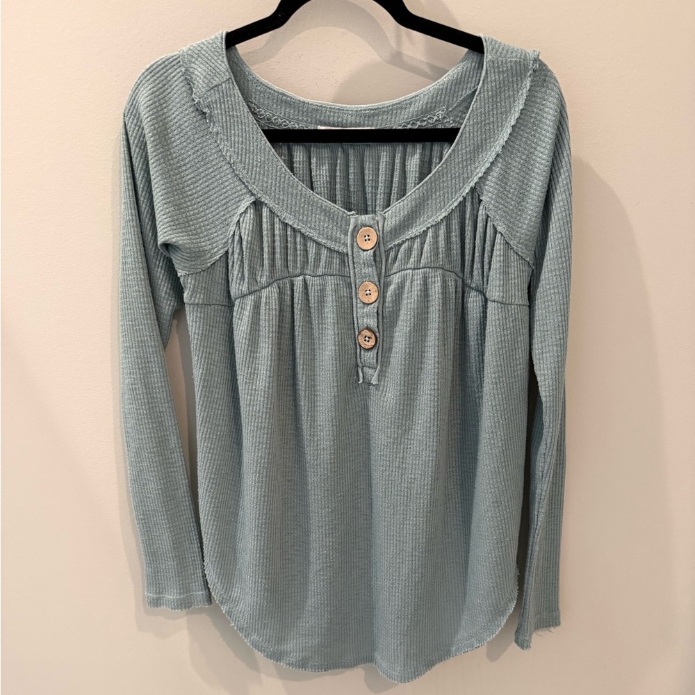 Free People We The Free Henley Top Green Waffle Knit Long Sleeve Size S